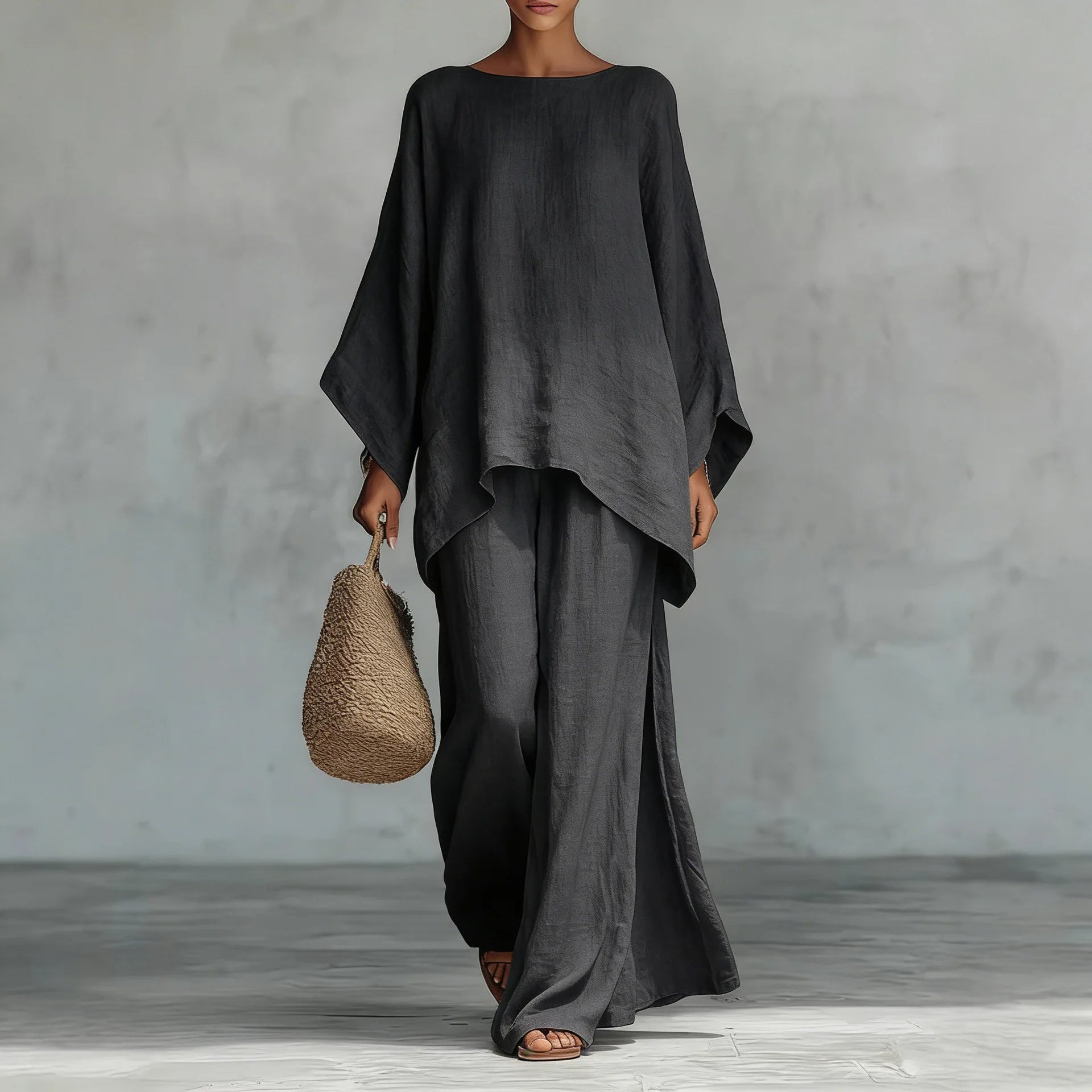 Spring New Fashion Linen Loose Long-sleeved Wide-leg Trousers