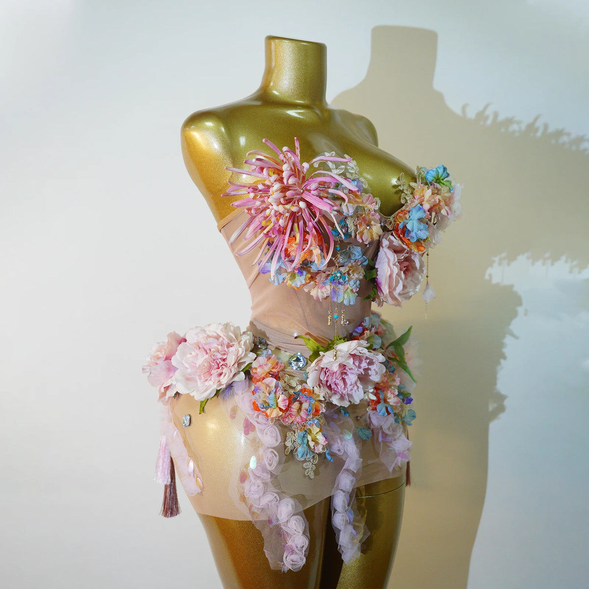 plus size 3D Floral Mesh Dress Fairy Garden Tassel Drag Queen Birthday