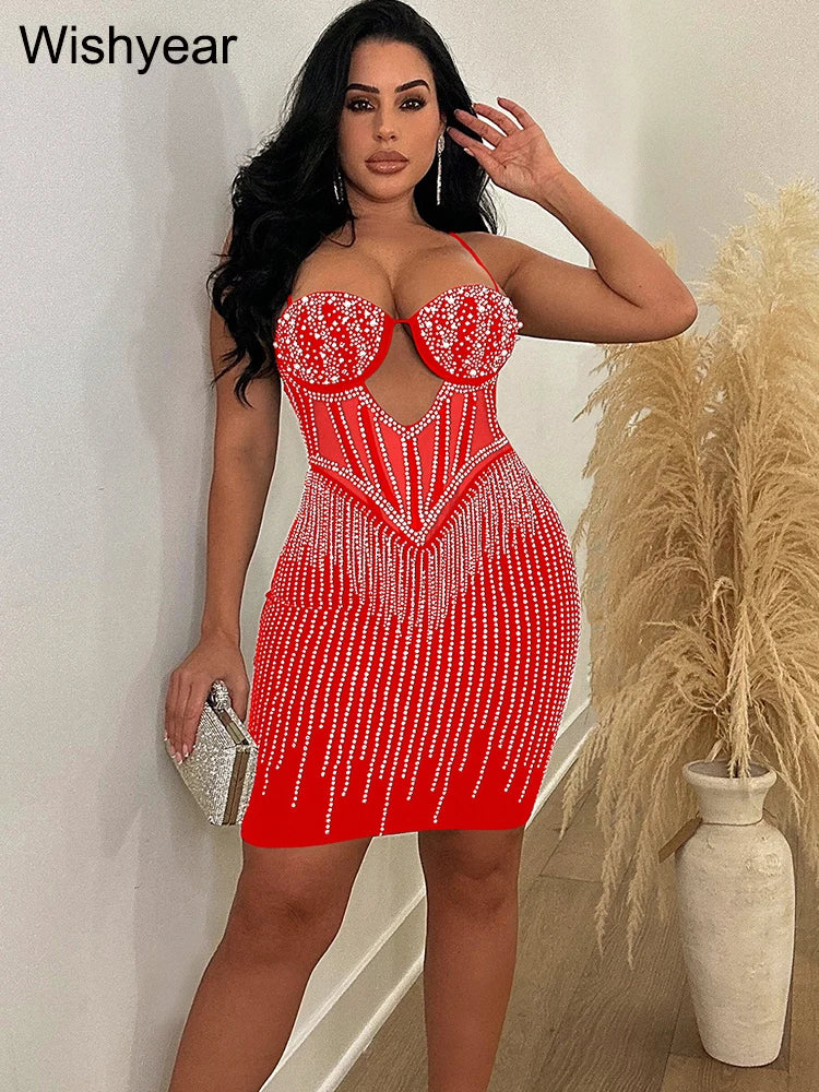 Elegant Evening Birthday Party Dresses for Women Halter Neck Mesh Patchwork Diamonds Rhinestones Prom Club Bodycon Midi Vestidos