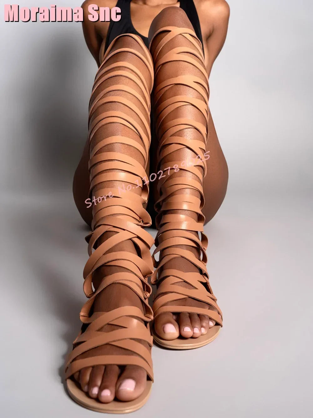 Summer New Knee High Leather Sandal Boots Women Sexy Greek Flat Rear Thin Straps