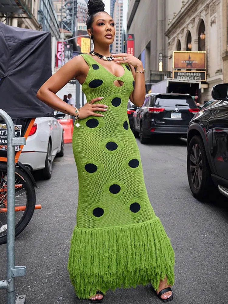 Women Sexy See Through Knitted Maxi Dress Hollow Out Deep Neck Pot Robes Tassel Hem Fork Party Vestidos 2025 New Lady Club Gown