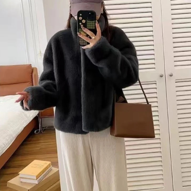 Women Fashion Stand Collar Mink Fur Top Female Long Sleeves