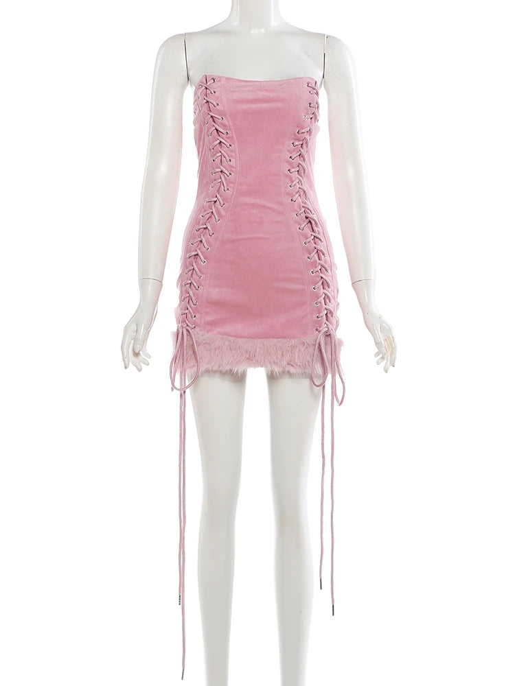 Sisterlinda Peach Hip Strapless Dress Women Shirring Feather