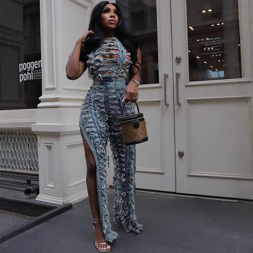 2025 New Handmade Distressed Backless High Waist Slit Blue Denim Jumpsuit