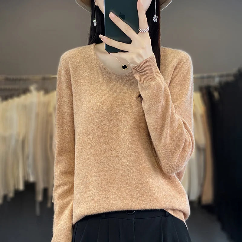 100% Merino Wool V-Neck Sweater for Women