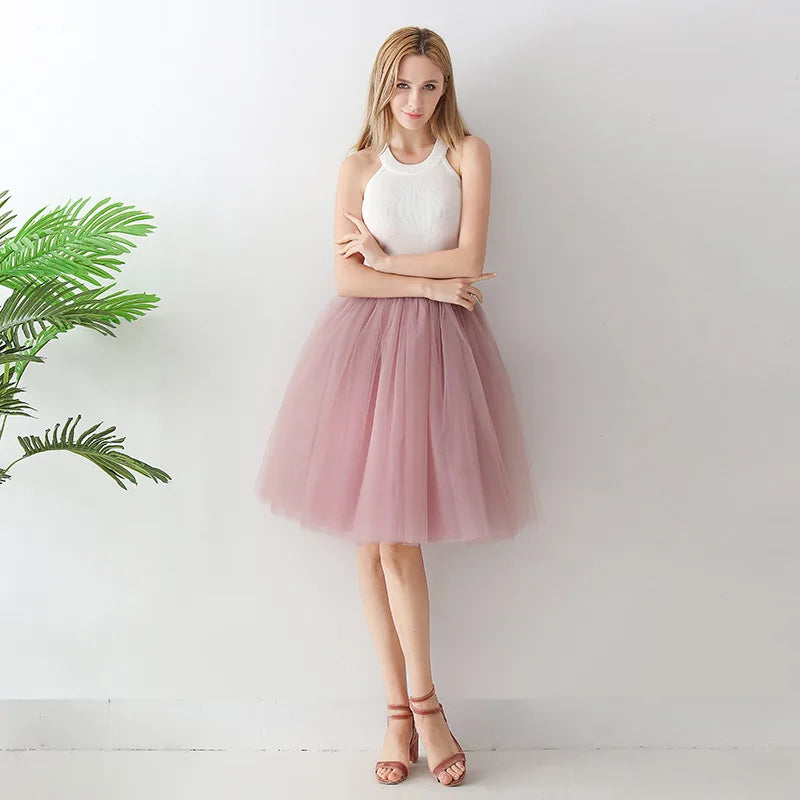 5-Layer Black Pleated Tulle Midi Skirt