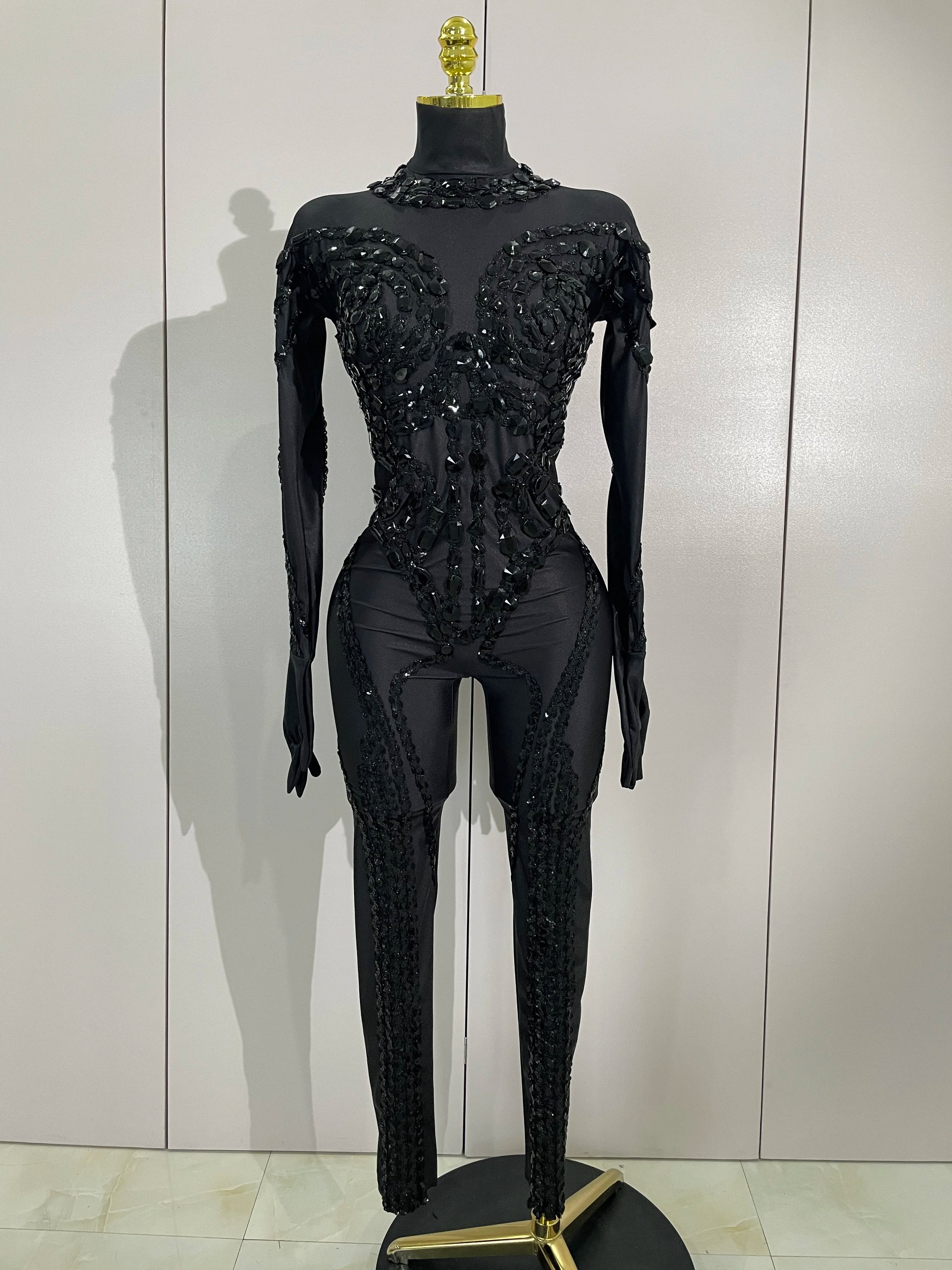 Luxury Festivals Outfit Sparkle Diamonds Sequins Black Spandex Jumpsuit Women Eveing Birthday Party NightClub Bar Stage Costume