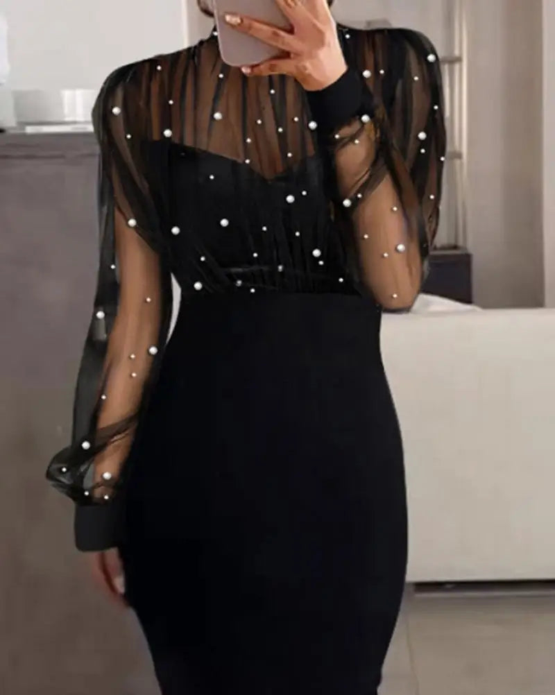 Elegant Party Dresses Woman Sexy Sheer Mesh Patch Beaded Bodycon Dresses Elegant Tight Urban Long Dress Fashion Women's Clothes