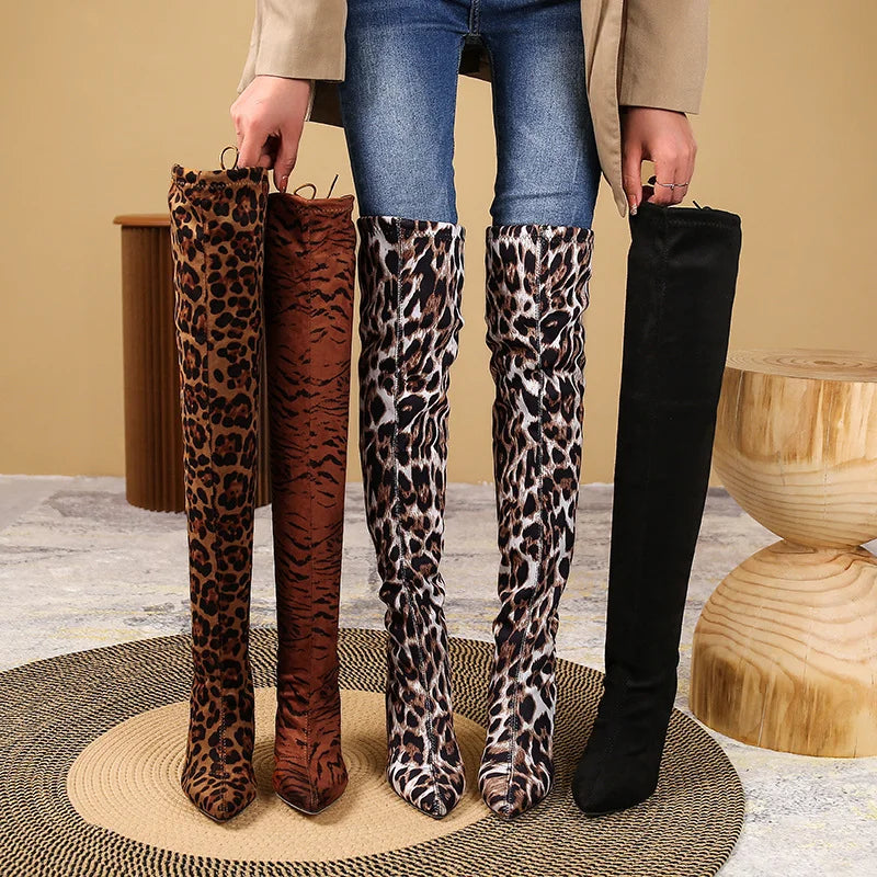 Ladies Fashion Leopard Print Over Knee Boots