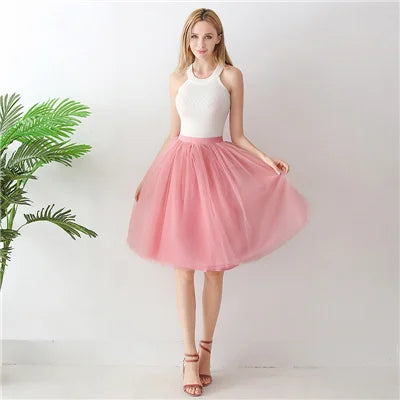 5-Layer Black Pleated Tulle Midi Skirt