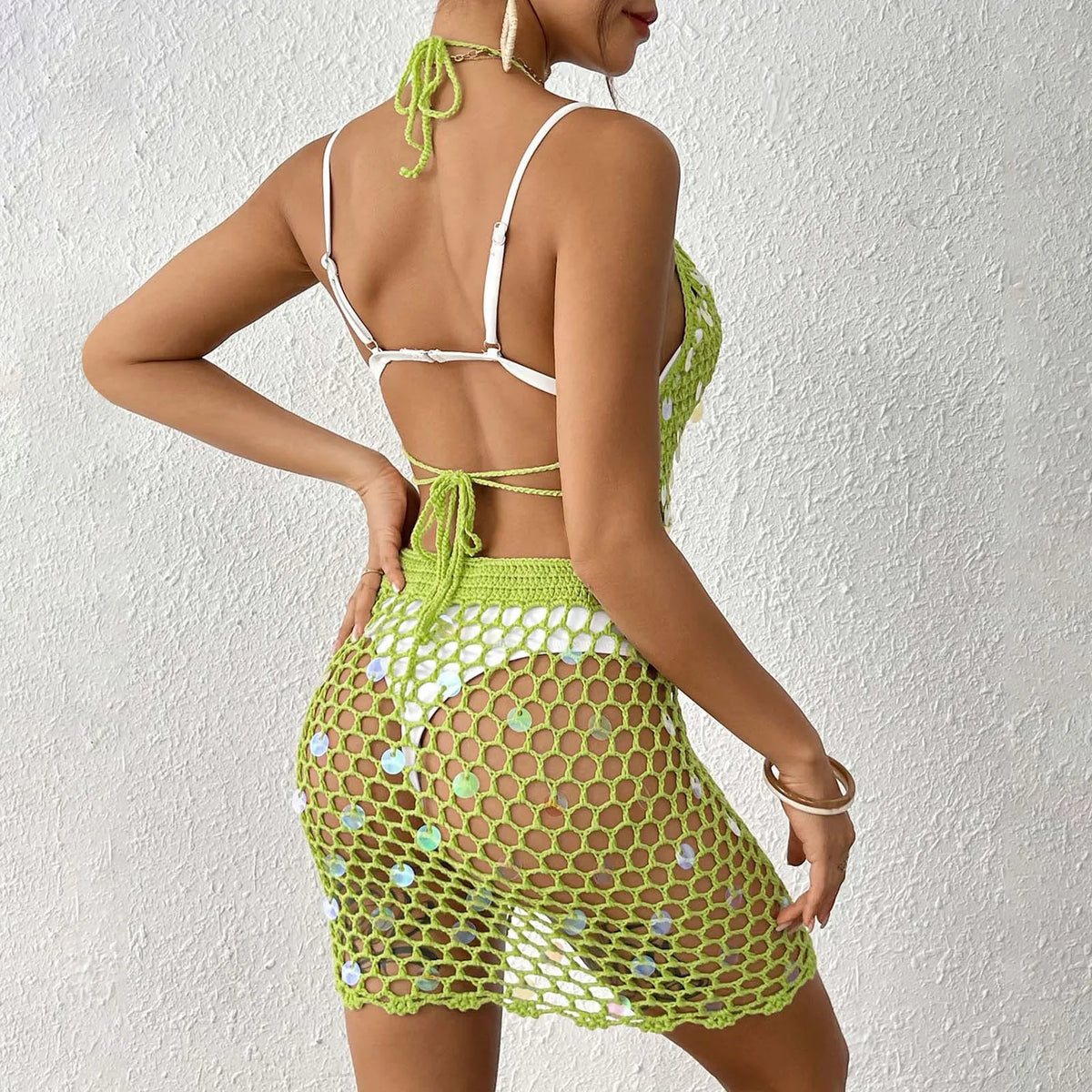 Beach Cover Up 2pcs Sexy Women Shiny Sequin Hollow Out Knitted Tank Tops