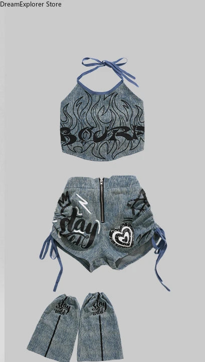 K-pop Girls' Denim Crop Top & Cargo Jeans Set