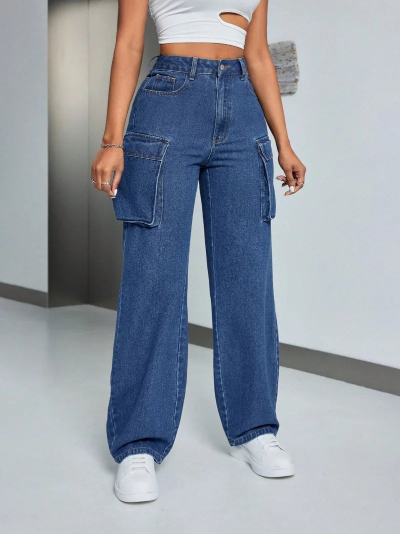 Streetwear Cargo Jeans Autumn Clothing Women High Waist Big Pockets Straight Jeans Female Casual Denim Trousers Basic Jean Pants