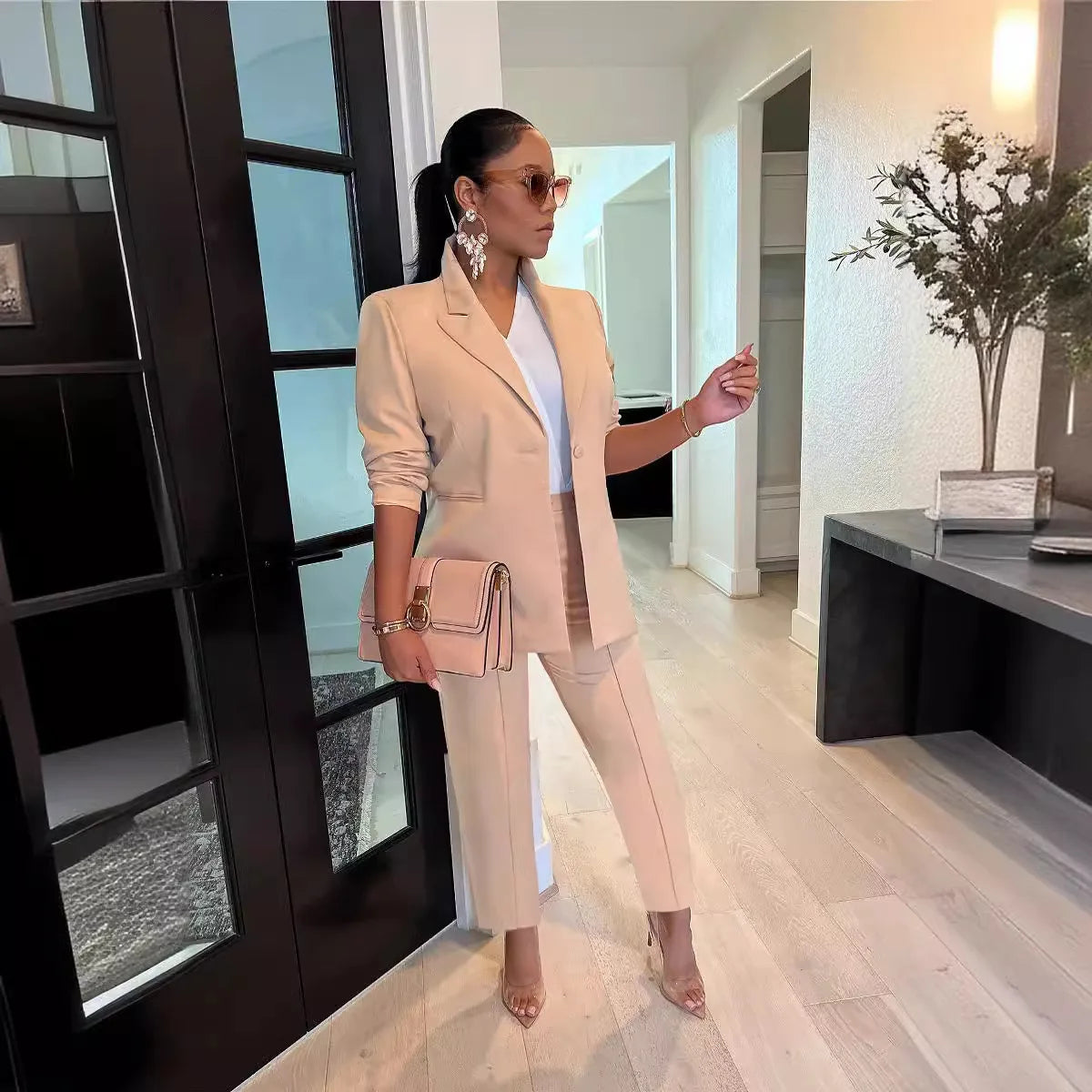 Women's Suit Blazer and Pants Casual Fashion Solid Long Sleeved Versatile Coat Tight Trousers Set Slim Fit Office 2 Piece Suit