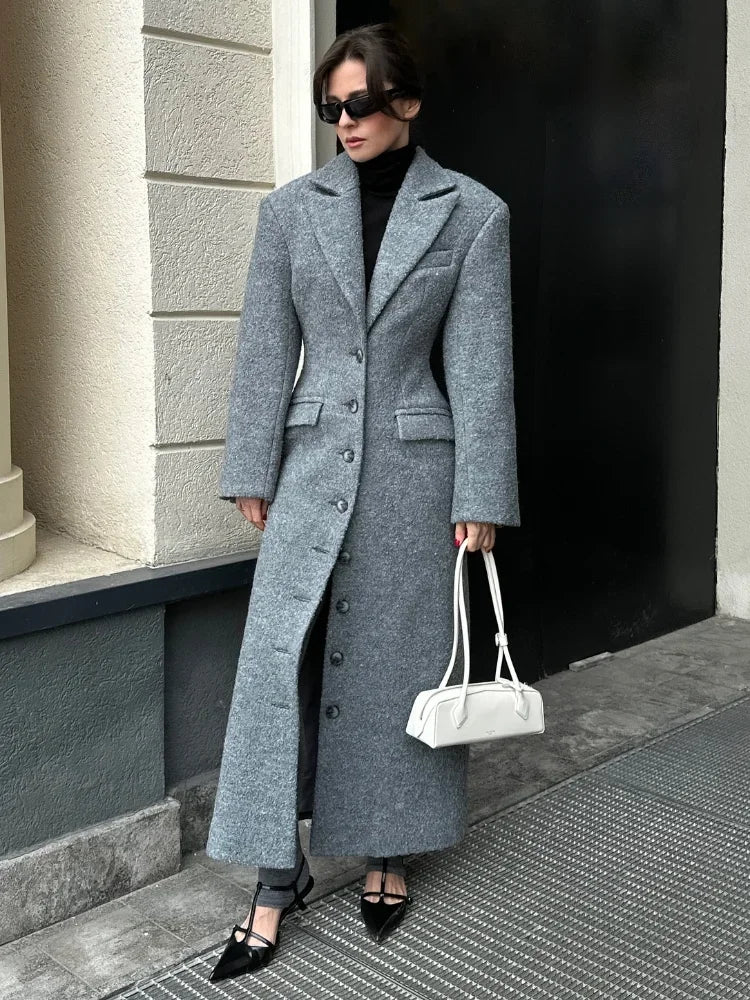 Fashion Waist Cinching Woolen Long Coats For Women Lapel Long Sleeve Single-breasted Shoulder Pad Coat New Lady Commuter Outwear