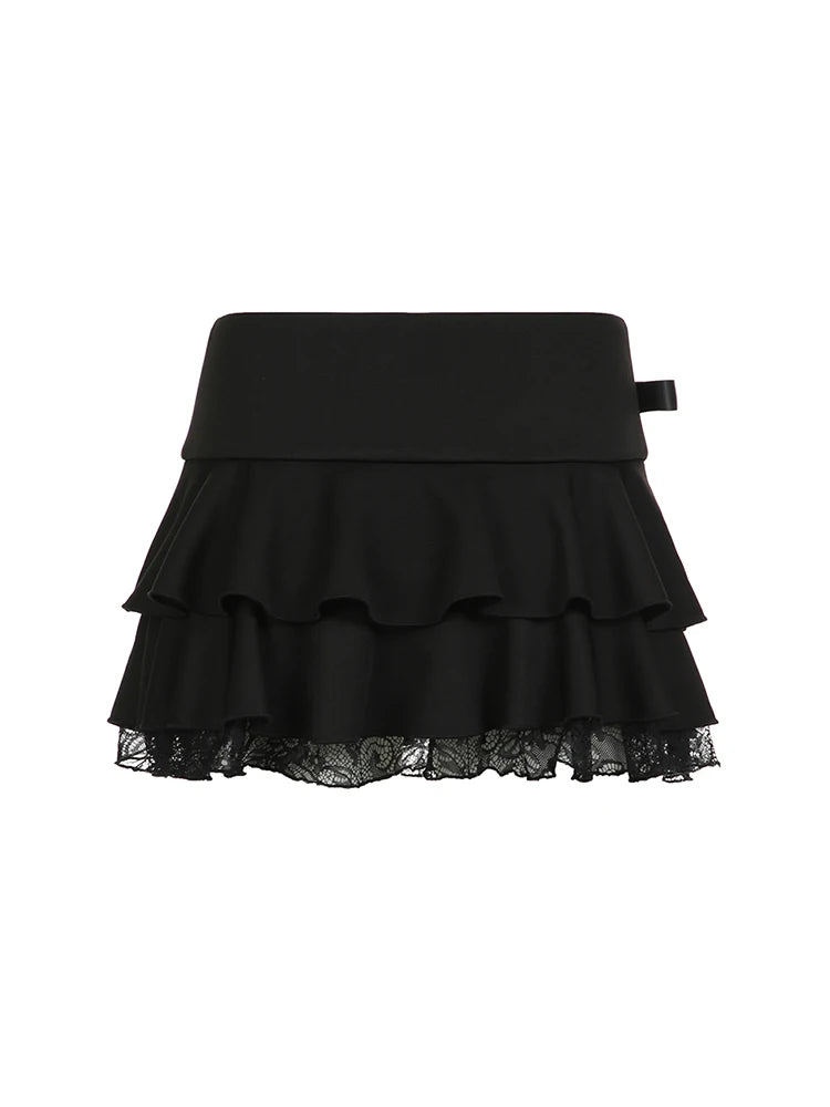 Goth Y2K Black Lace Bow Mini Skirt