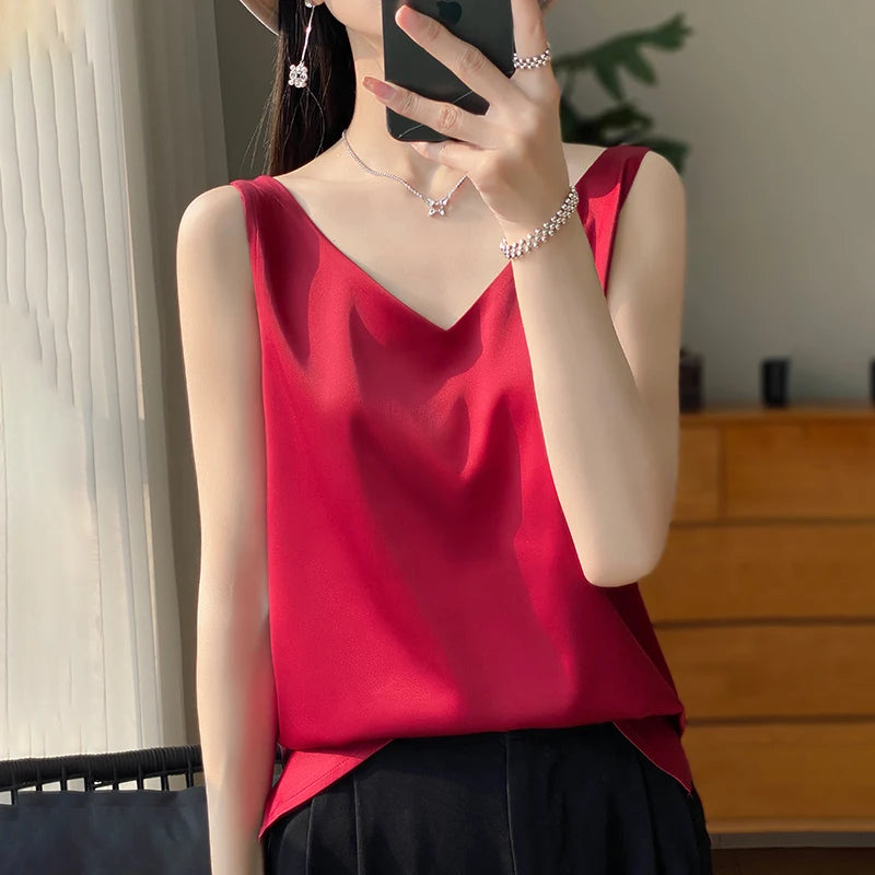 Silk Satin V-neck Sleeveless Tank TopSilk Satin V-neck Sleeveless Tank Top