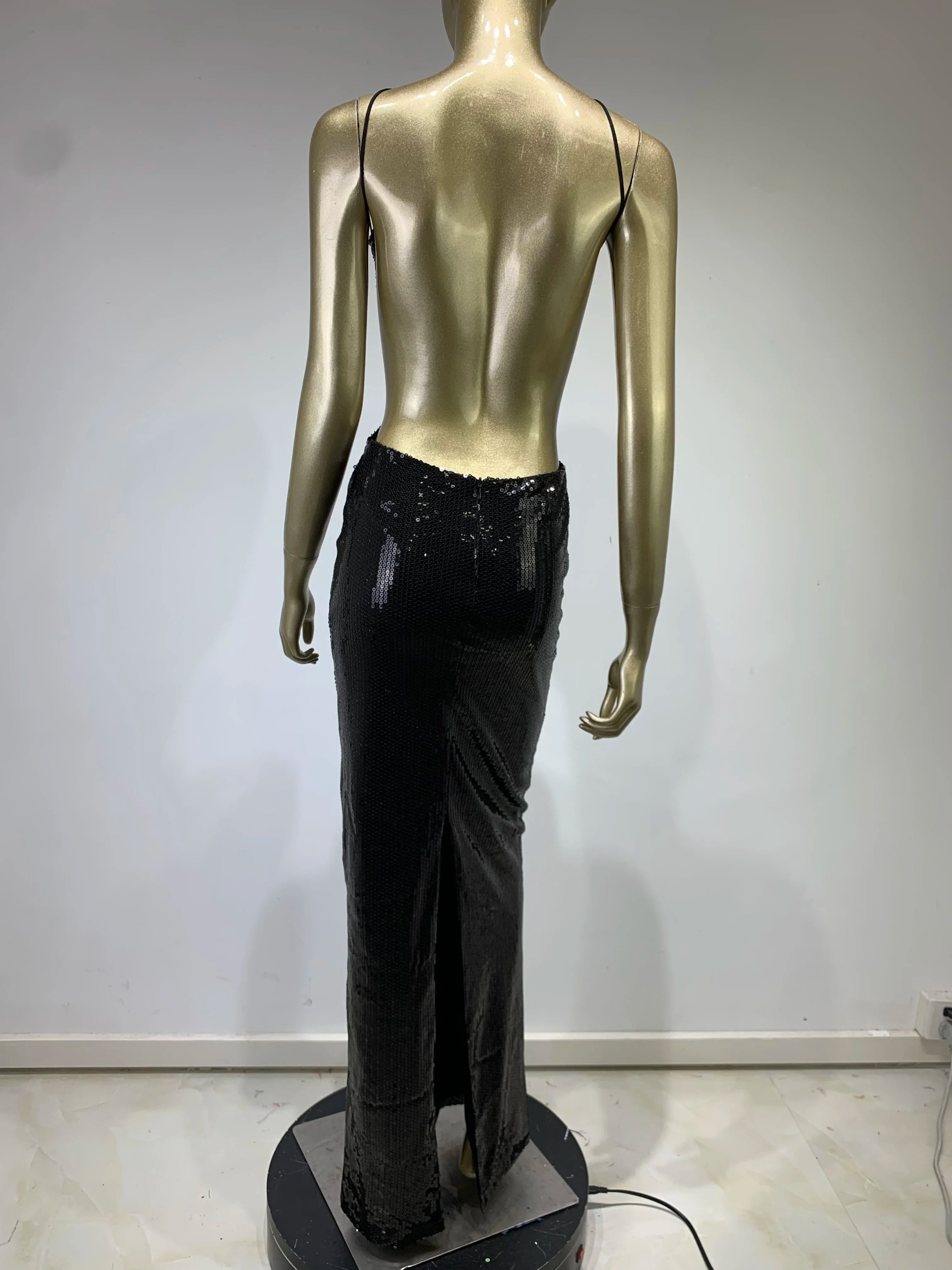 Women Summer Luxury Sexy Strap with Open Back Black Hollow Mesh Shining Long Dress Elegant Celebrity Evening Club Dress