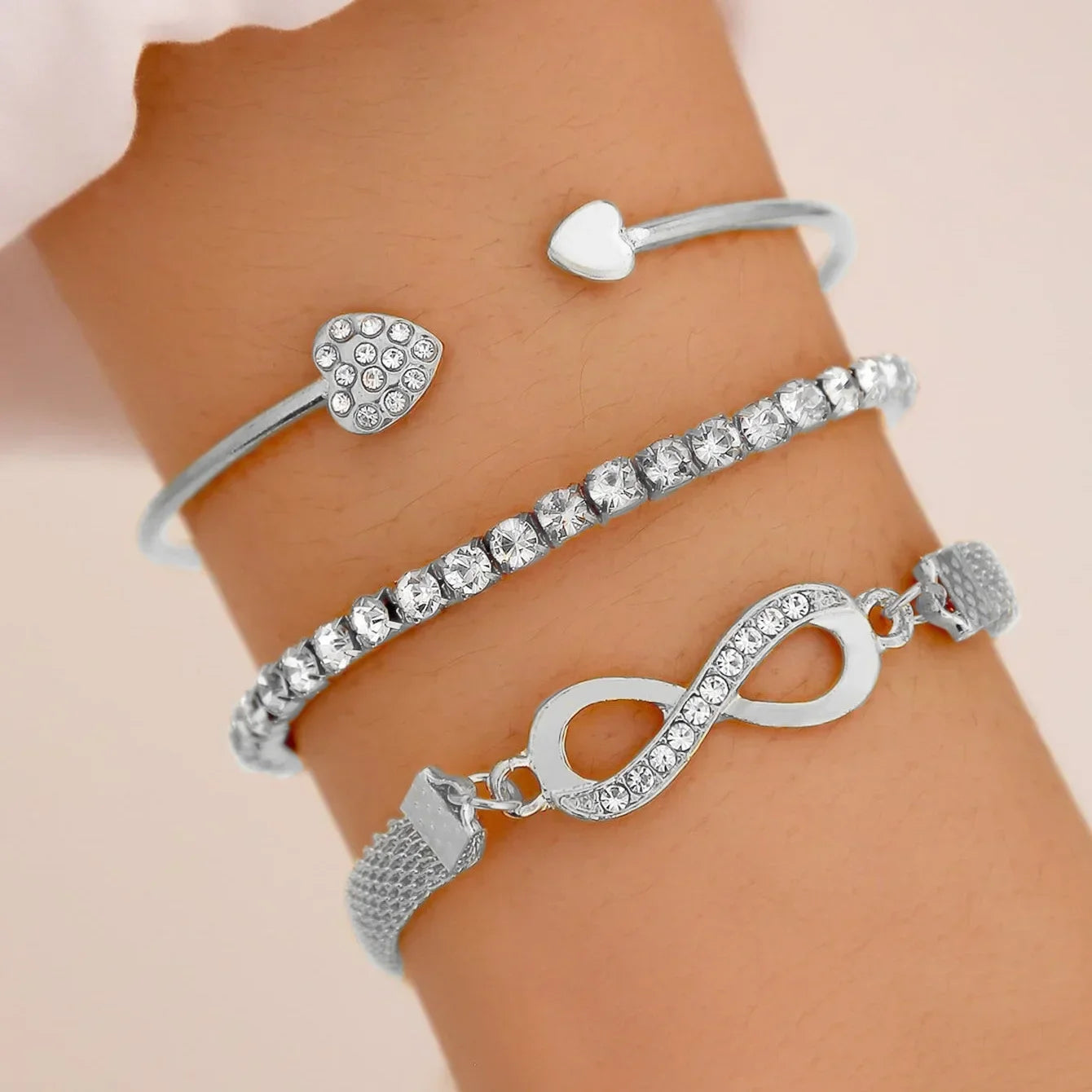 Minimalist Lucky 8 Rhinestone Heart Cuff Bracelet Set