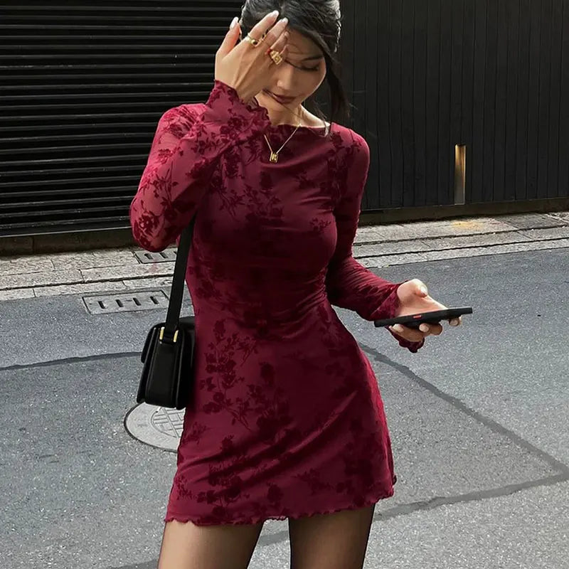 Wine Red Sexy Dresses Women Autumn New O-Neck Streetwear Fashion Print Long Sleeves Dresses Lady Knitted Pullover Clothing Dress