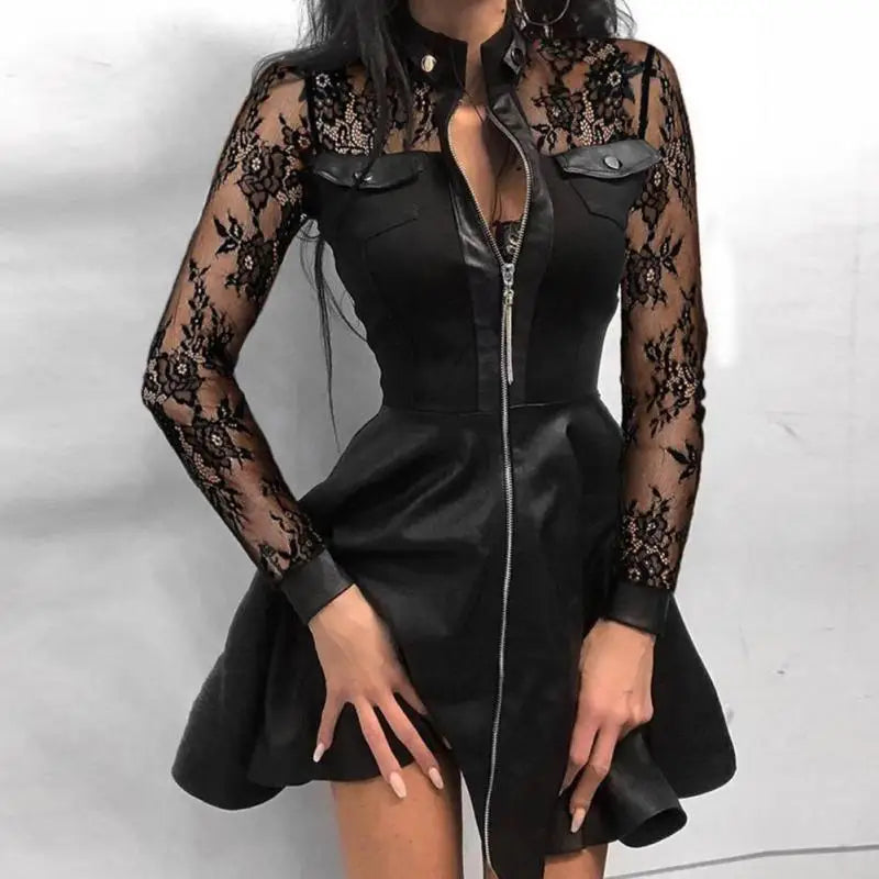 Faux Leather Dress Women Sexy Lace Mini Dress