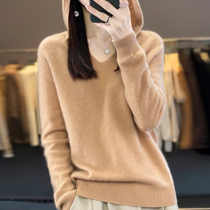 100% Merino Wool V-Neck Hoodie for Women