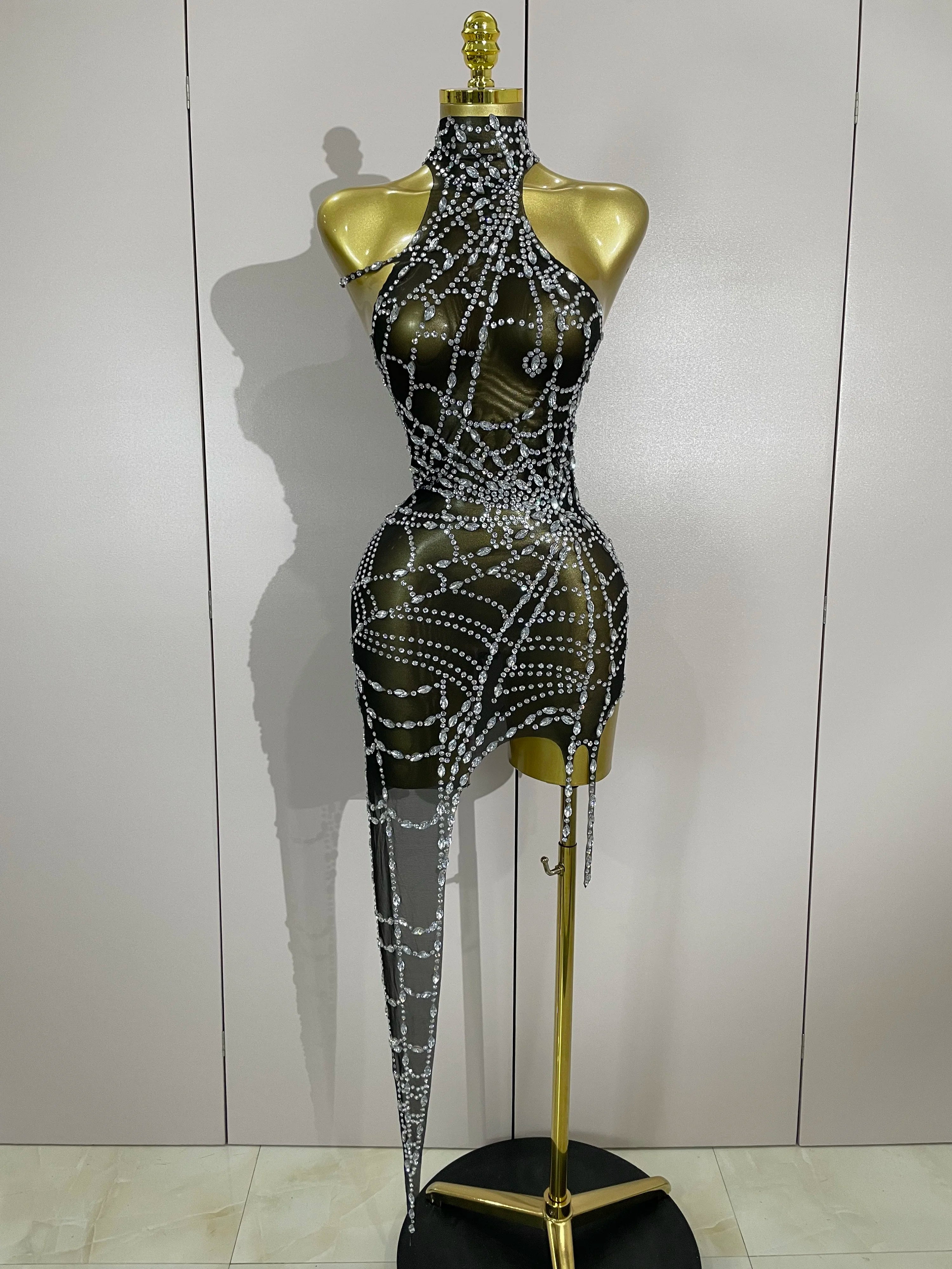 STOCK Sparkly Diamond Sexy Mesh Asymmetric Bodycon Mini Dress Women Nightclub Bar Party Show Gogo Dancer Clothing Stage Costume