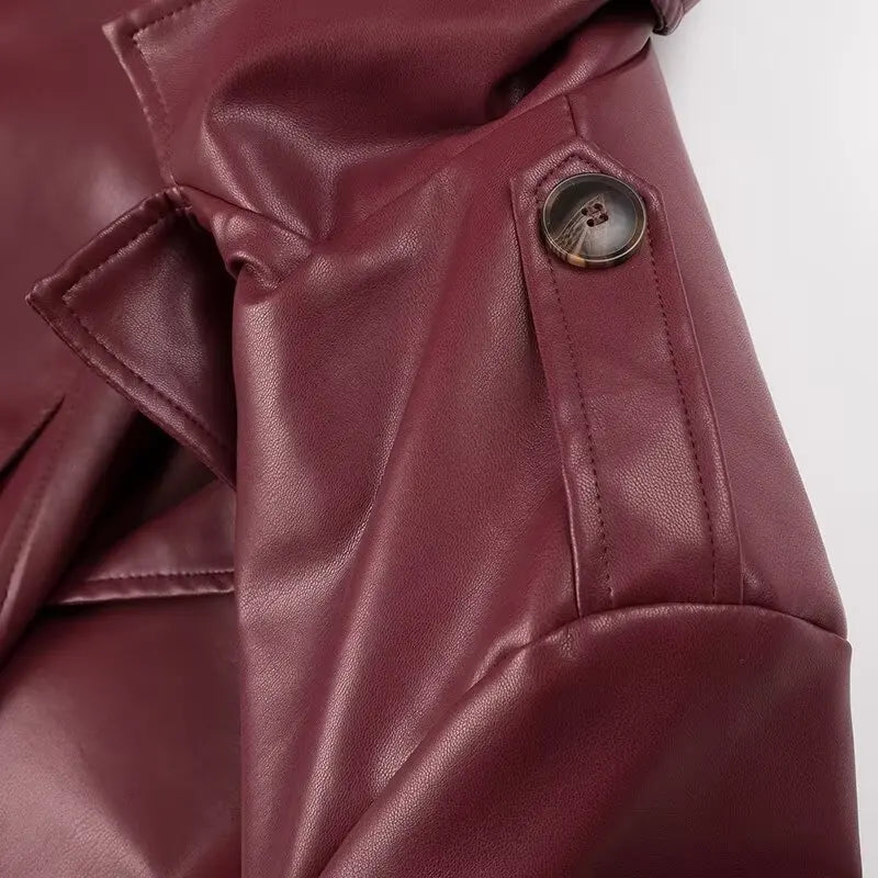 Women Faux Leather Coats Mid Length Jackets Solid Belt