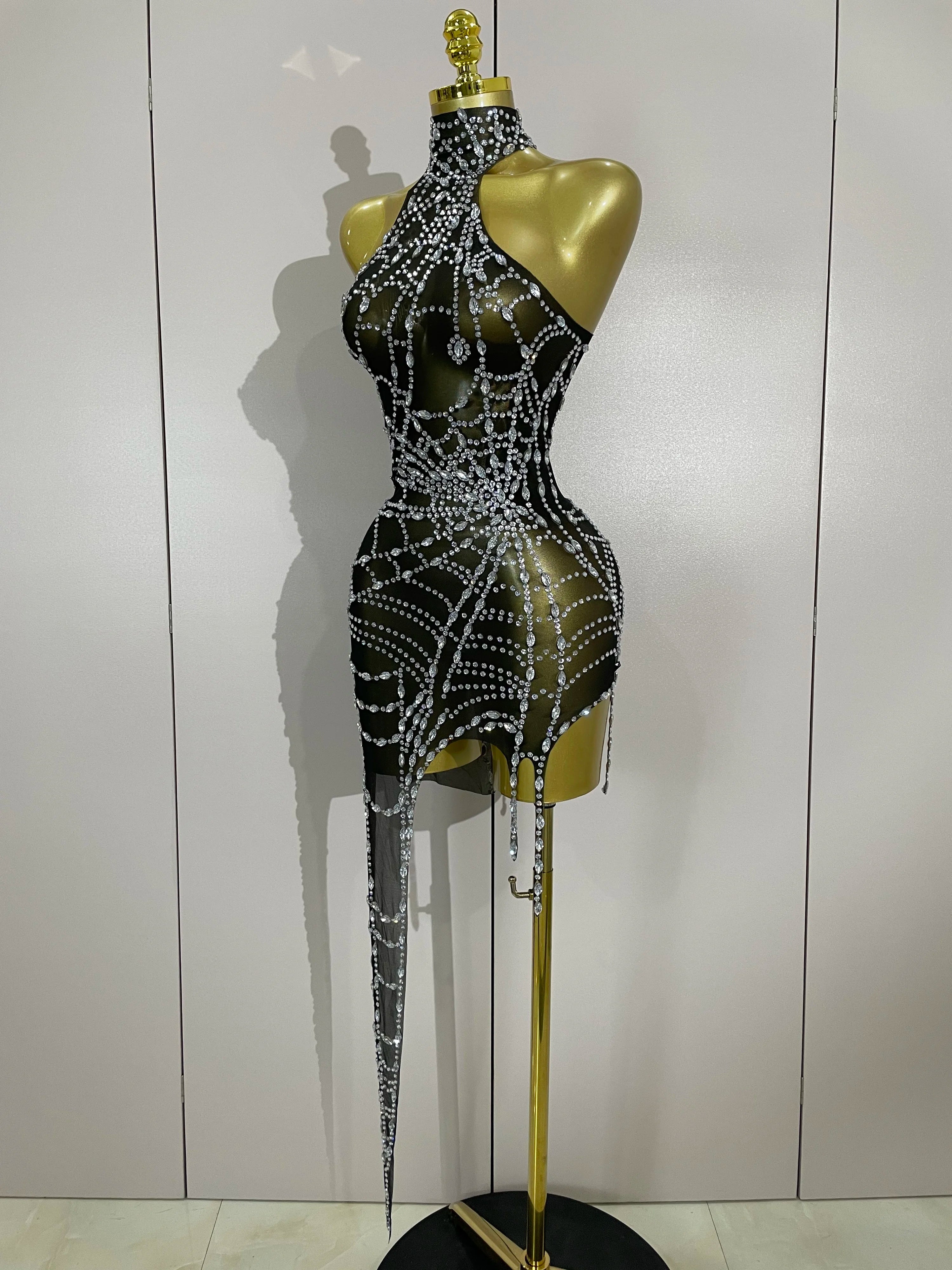 STOCK Sparkly Diamond Sexy Mesh Asymmetric Bodycon Mini Dress Women Nightclub Bar Party Show Gogo Dancer Clothing Stage Costume