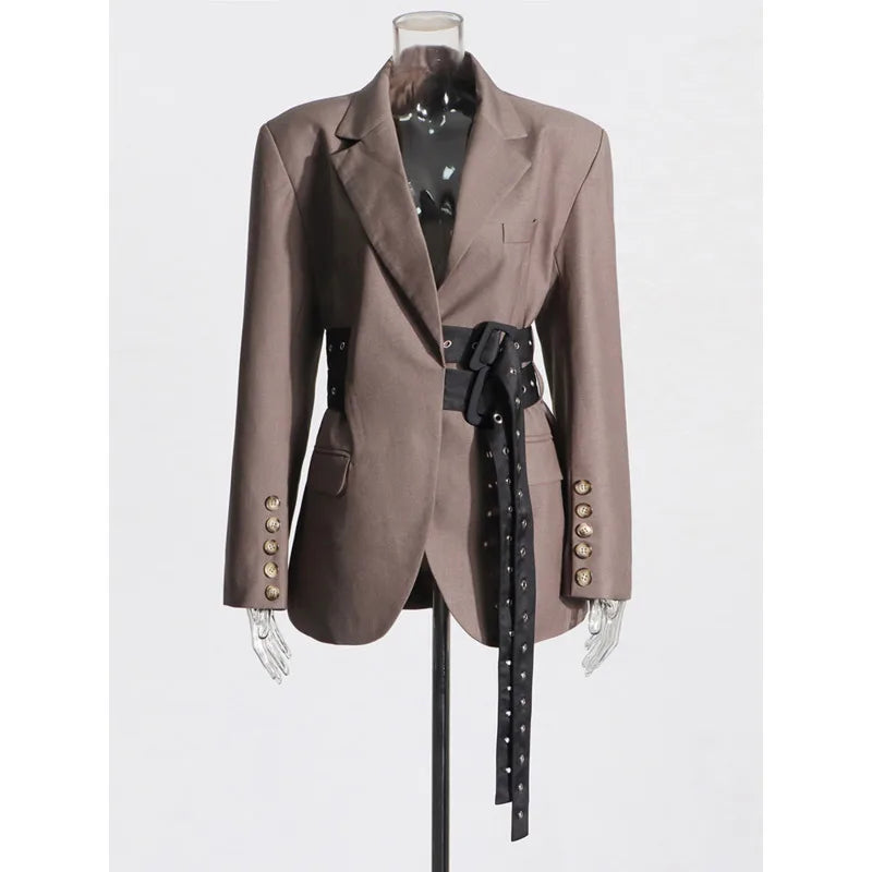 Solid Temperament Jacket Spliced Belt Blazer Women Notched Collar Long Sleeve Outerwear Patchwork Button Elegant Blazers Female