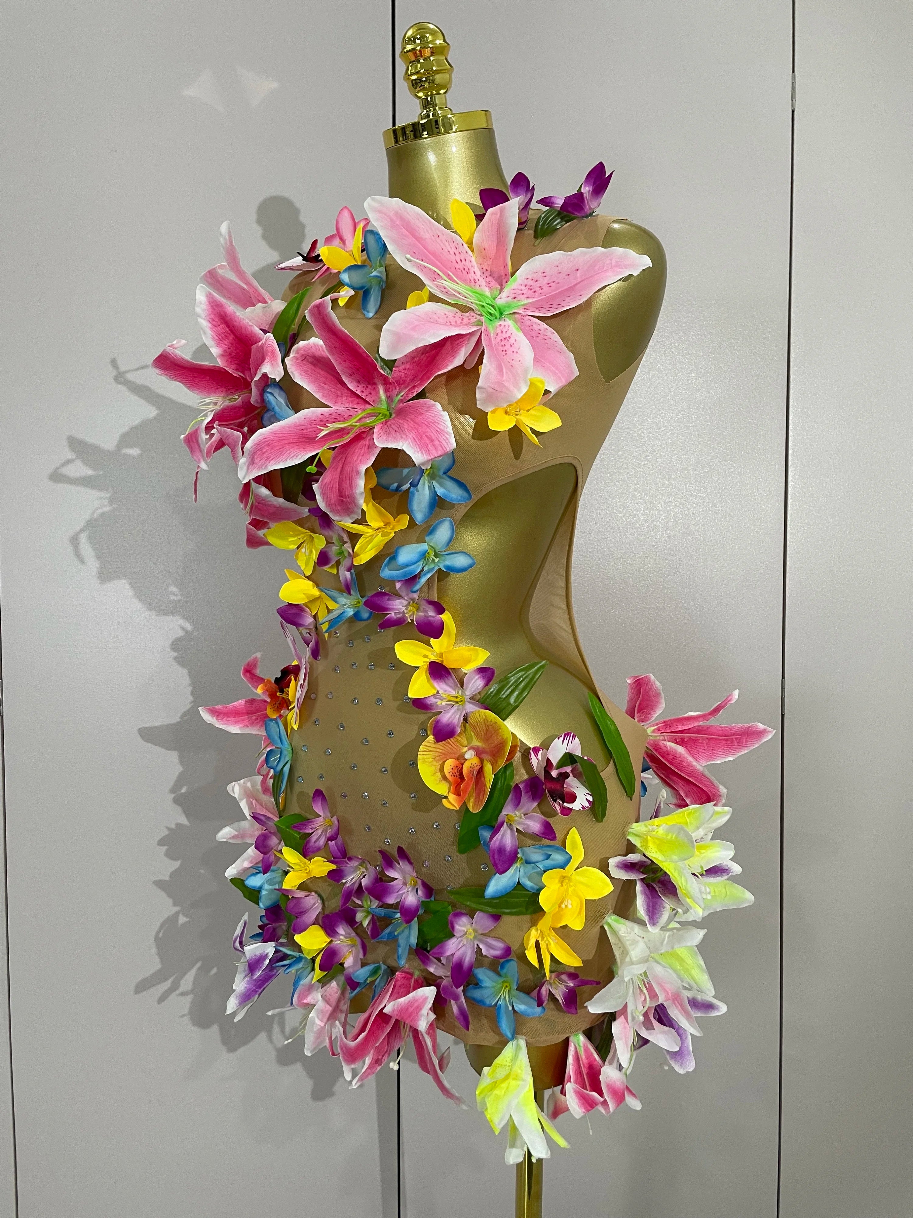 Women Evening Birthday Party Dresses Colorful Flowers Sleeveless Sexy Mesh See Through Mini Dress Nightclub Dancer Stage Wear