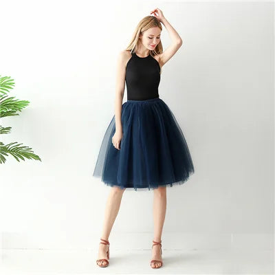 5-Layer Black Pleated Tulle Midi Skirt