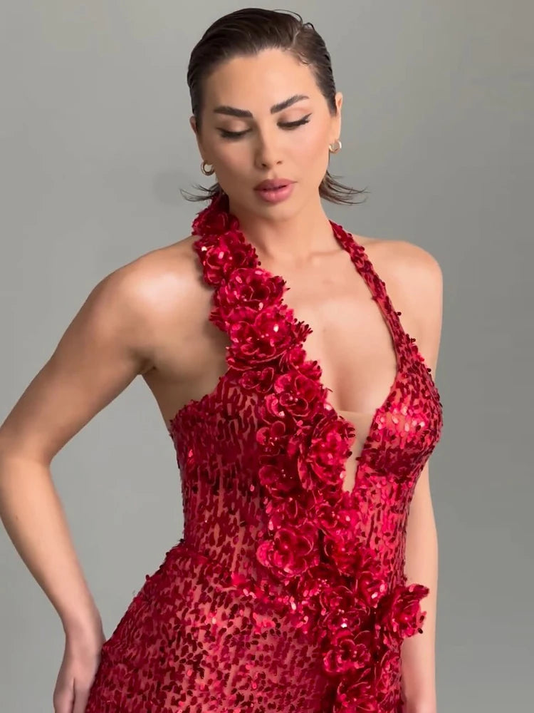 Glamorous Red Sequin Evening Dress with High Slit and Floral Detailing Sexy Party Cocktail Long Dress Sexy Women Vestidos