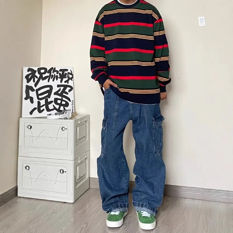 Spring And Autumn Vintage Wide Leg Big Pocket Overalls Men Y2K Neutral Loose Straight Leg Casual High Street Hip Hop Jeans