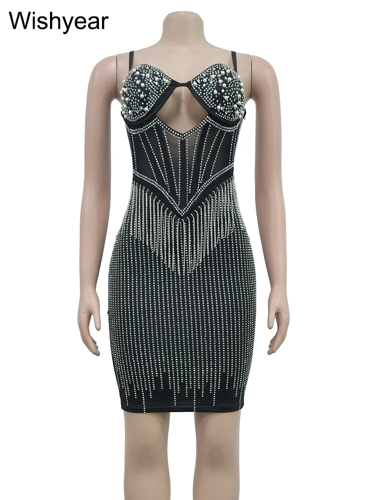 Elegant Evening Birthday Party Dresses for Women Halter Neck Mesh Patchwork Diamonds Rhinestones Prom Club Bodycon Midi Vestidos