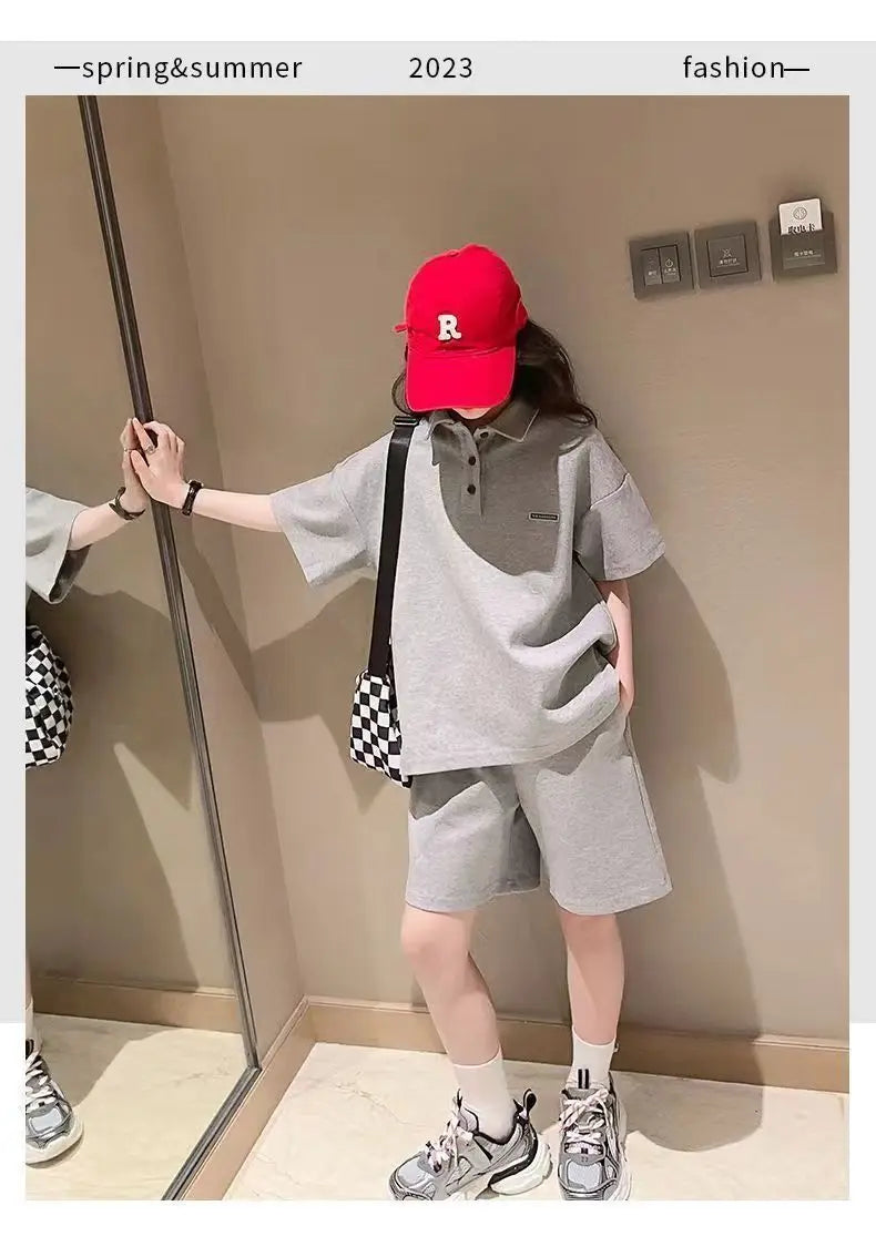 Girls Polo Collar Top & Sports Shorts Set