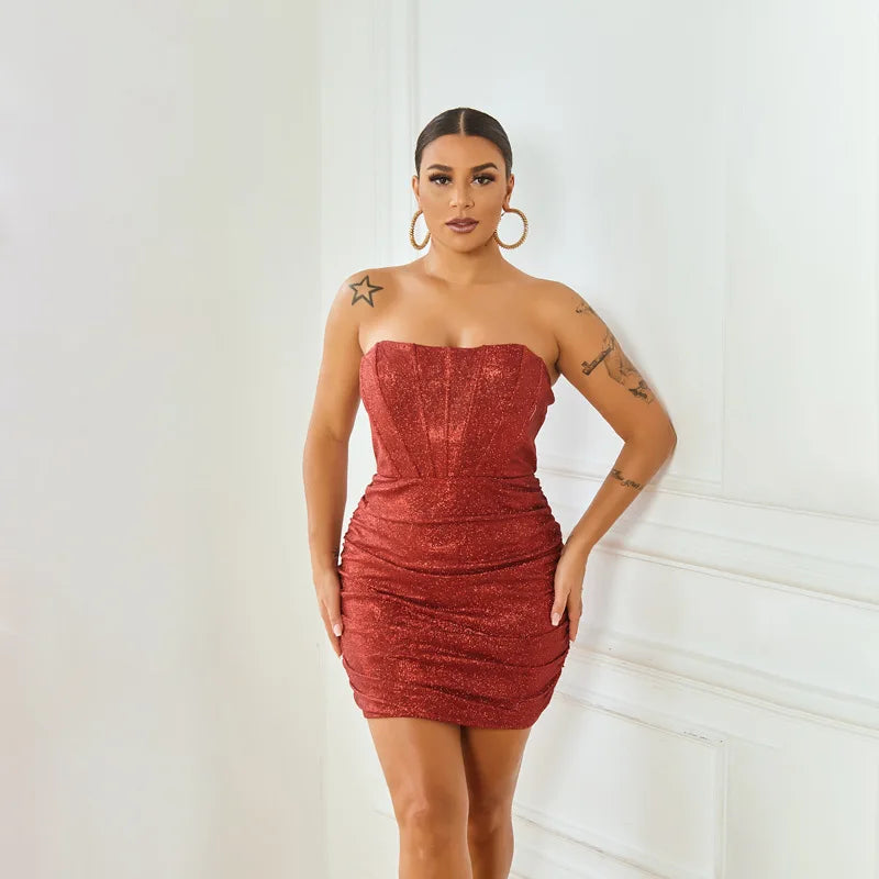 2025 Women's Sexy Glitter Sparkling Strapless Bodycon Corset Ruched Mini Party Tube Evening Birthday Dress