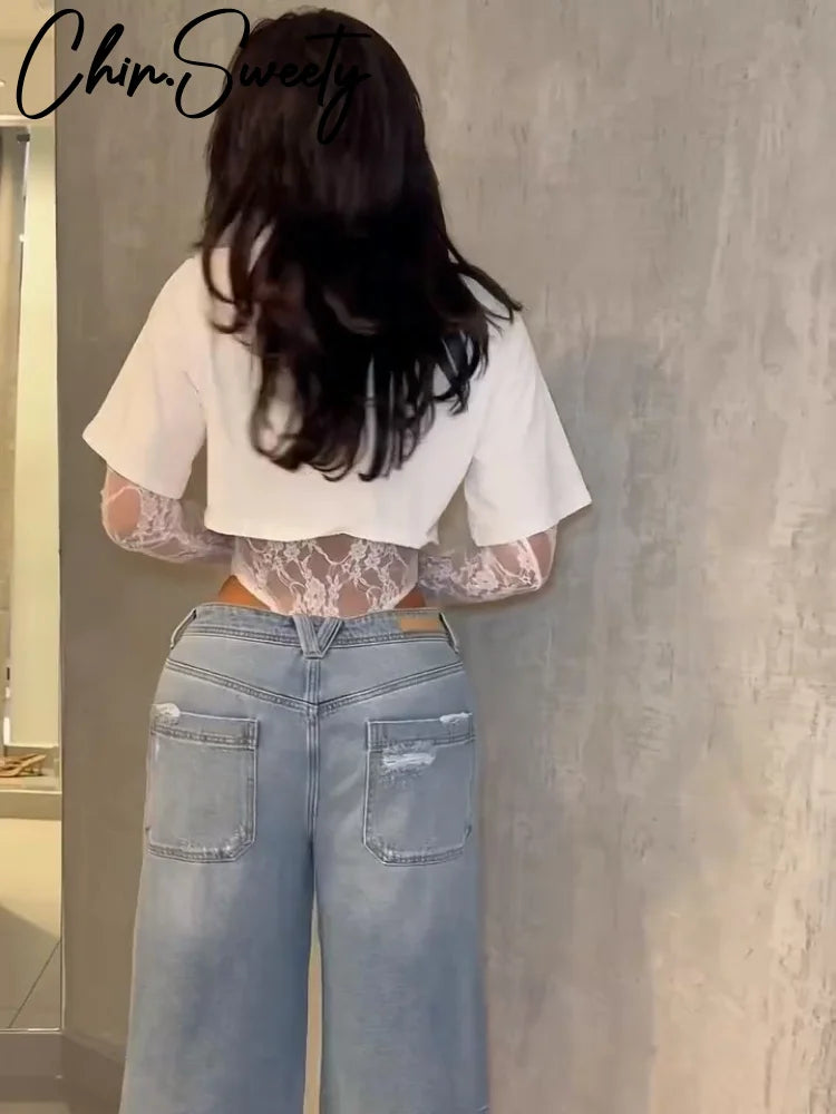 Sexy Lace See Through Jumpsuit Top Suit Women Long Sleeve O-Neck Lady Sets 2025 Summer Fall Fashion 2 Pieces Set Women New