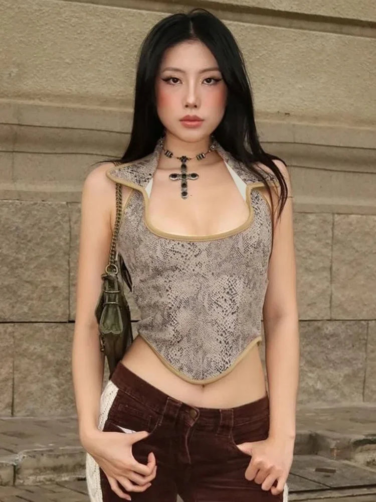 Low Cut Streetwear Y2k Accessories Crop Top Sleeveless Halter Tops Women Edgy Clothes Serpentine Turndown Collar Ropa De Mujer