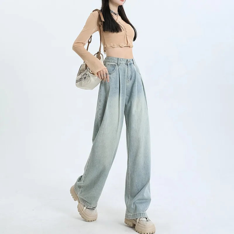 Pleated Wide Leg High Waist Jeans