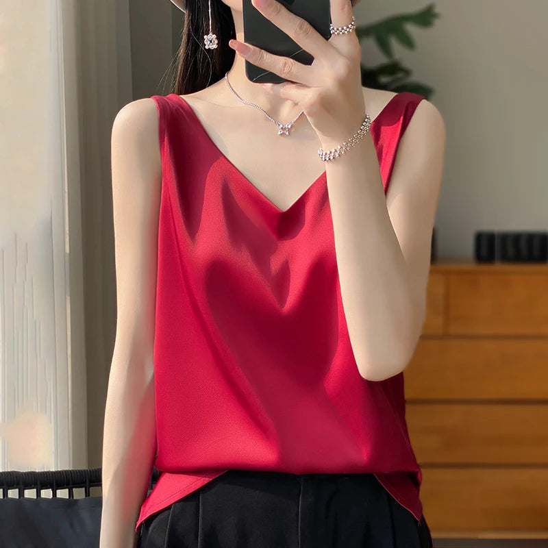 Silk Satin V-neck Sleeveless Tank TopSilk Satin V-neck Sleeveless Tank Top