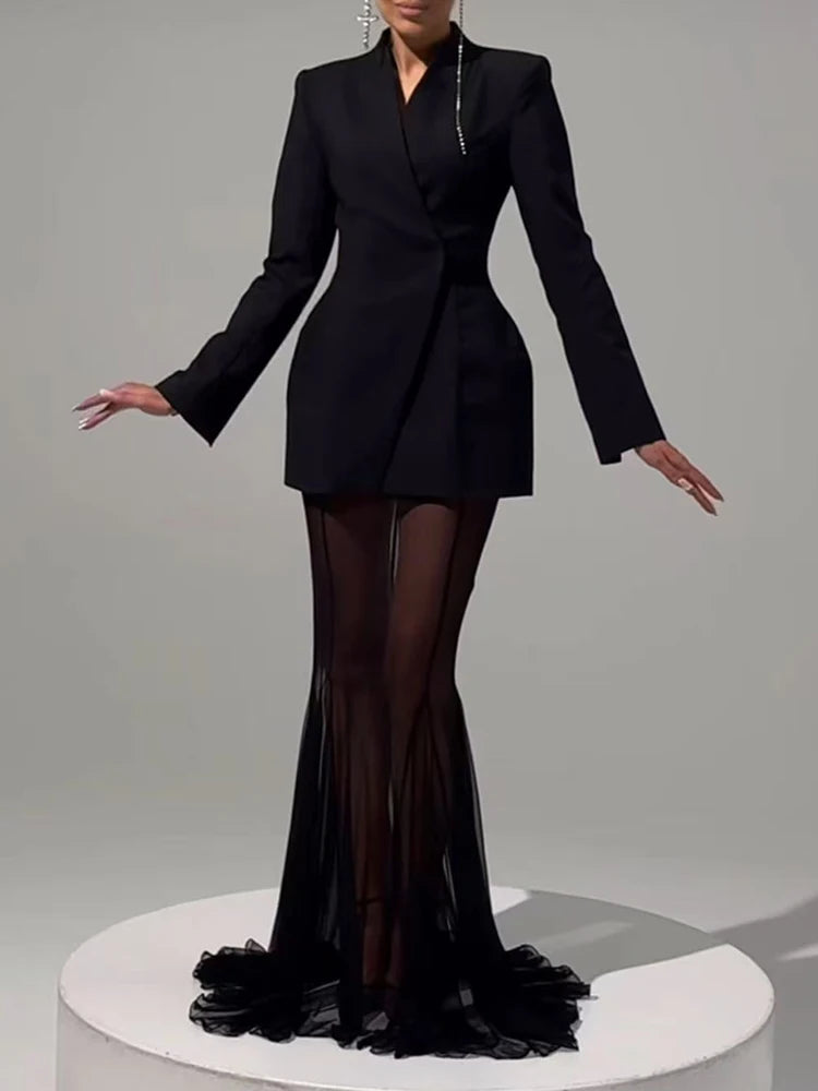 V-neck cinched waist mid-length suit three-piece set for autumn 2025 women's wear + see-through fishtail skirt set + shorts