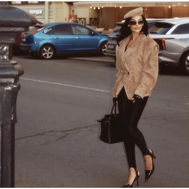 Brown Single Breasted Suede Jacket Women's Fashion