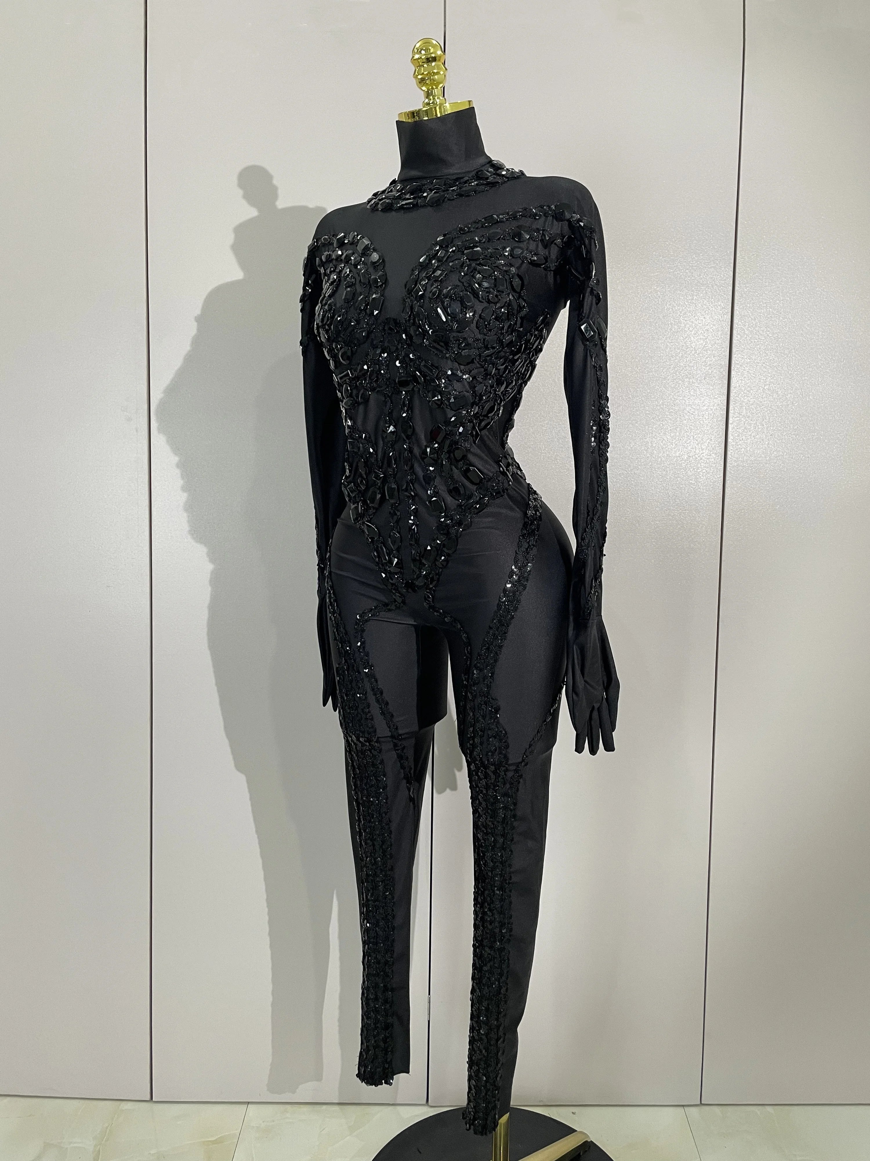 Luxury Festivals Outfit Sparkle Diamonds Sequins Black Spandex Jumpsuit Women Eveing Birthday Party NightClub Bar Stage Costume