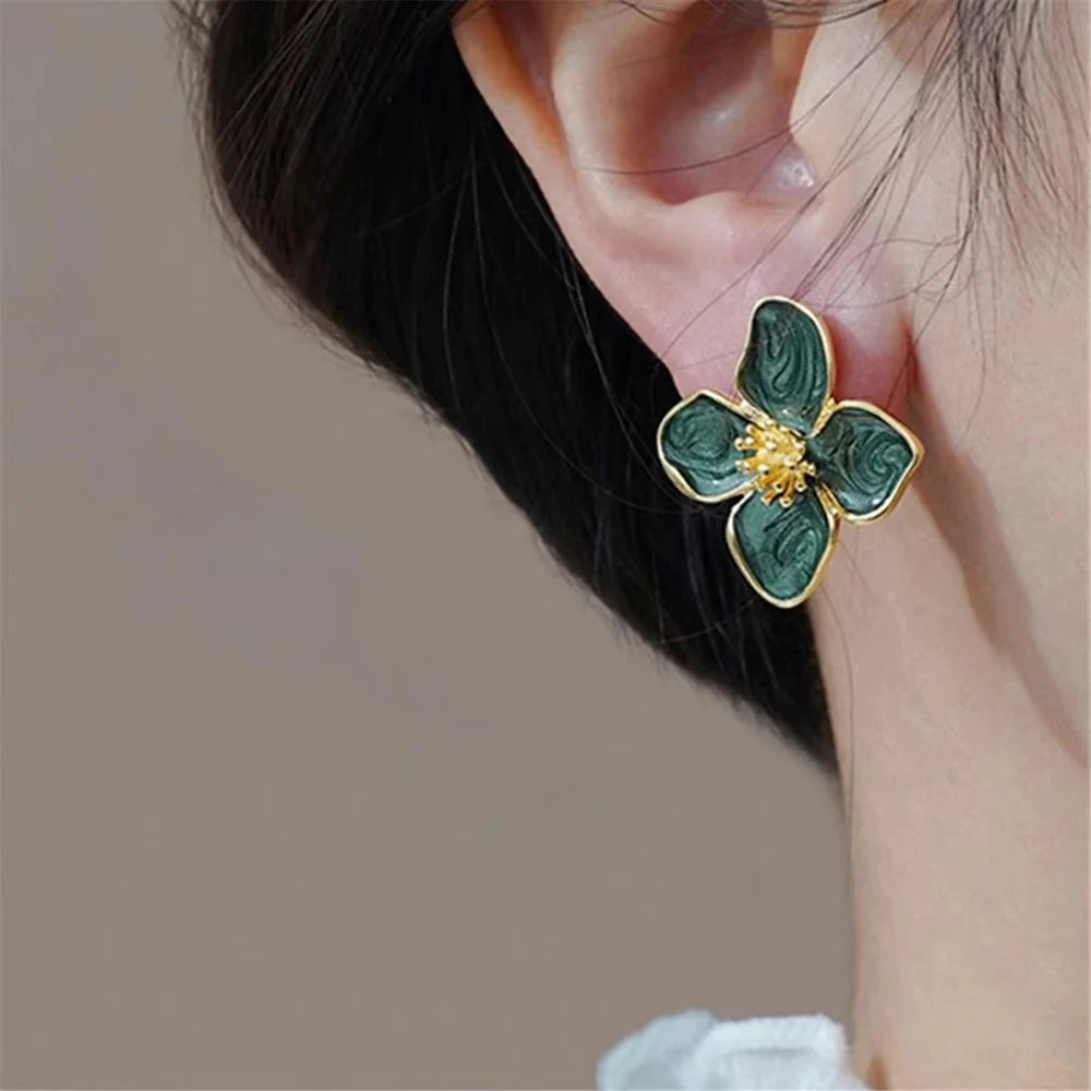 Hibiscus Flower Dropped Glaze Stud Earrings