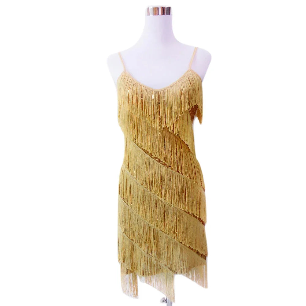 Women Sexy Tassel Latin Dress Tiered Fringe Flapper Dress Evening Nightclub Dancing Fancy Costumes C-Neck Sequin Dress