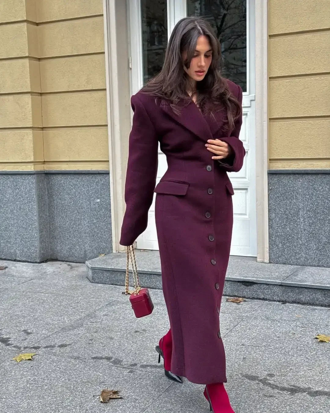 Solid Waist Cinching Woolen Blend Overcoat Women Fashion