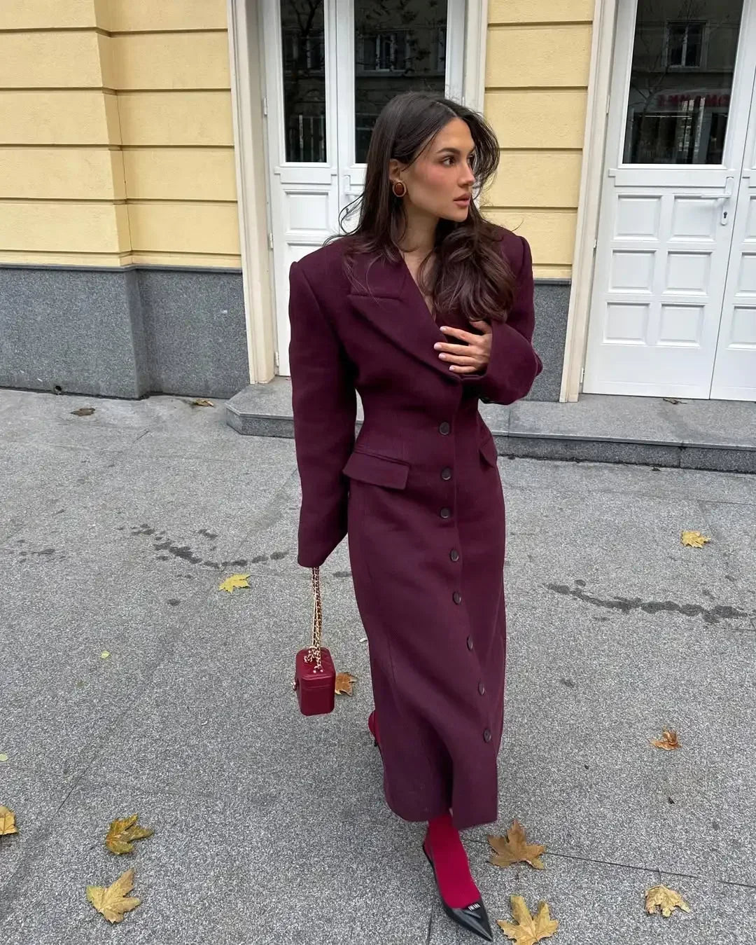 Solid Waist Cinching Woolen Blend Overcoat Women Fashion