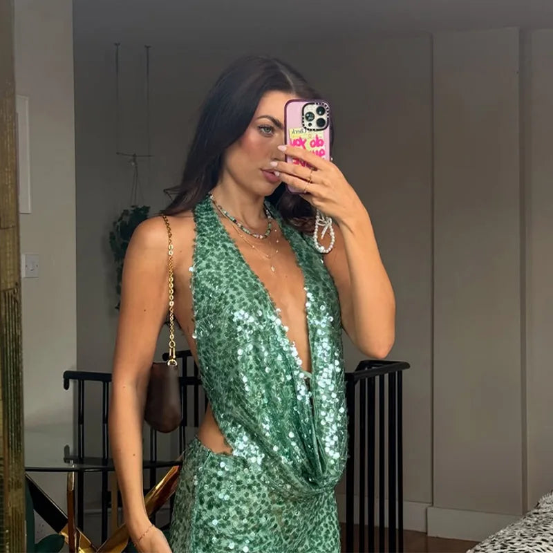 Sequins Tank Top Mini Skirt Sets Women Halter Backless Deep V-neck Lace Up Vest