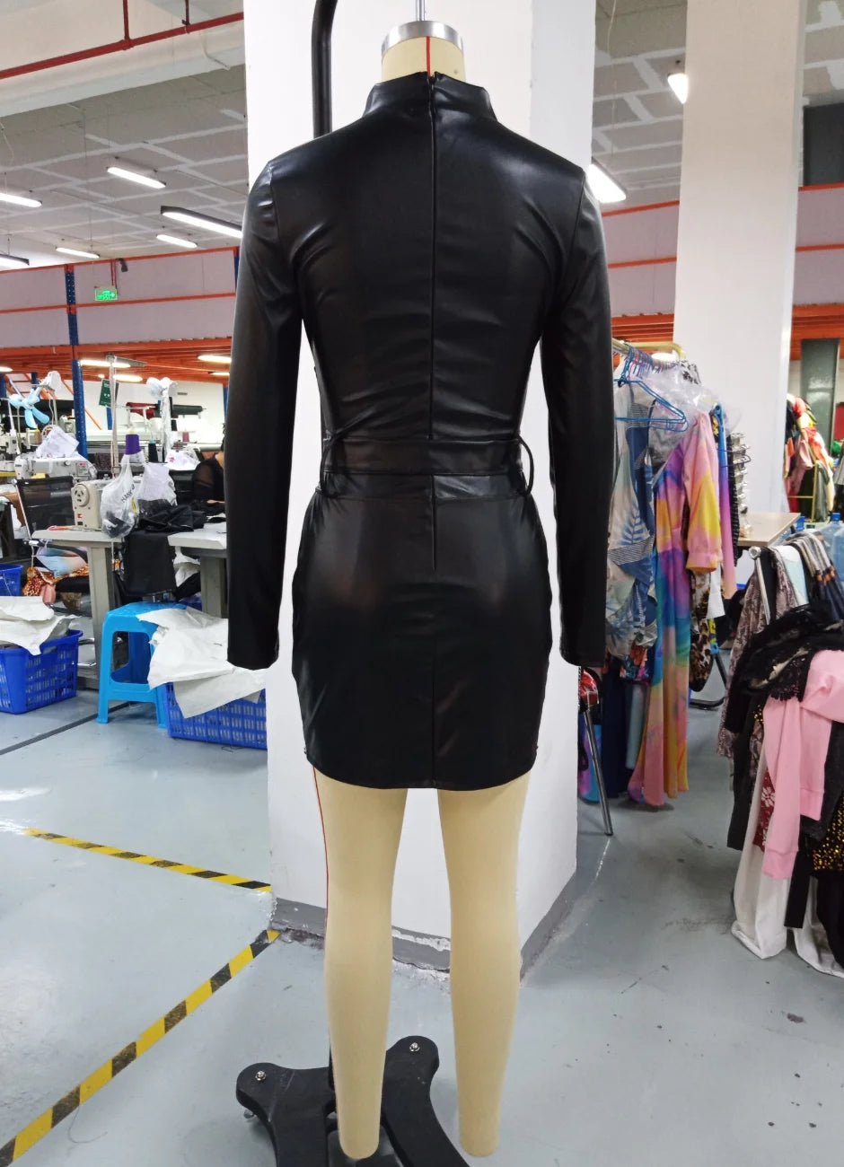 Sexy Dresses for Women Solid Pu Leather Long Sleeves Turtleneck Rhinestone Small Silt Skinny Mini Party Evening Black Dress